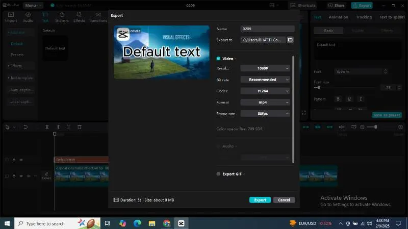 capcut text export video option